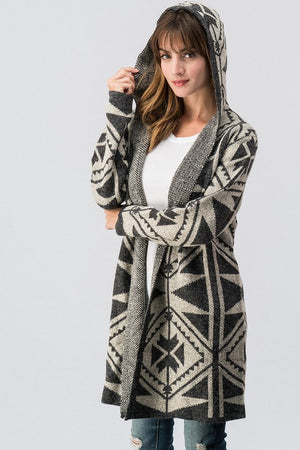Geometric Patterned Hooded open cardigan