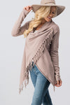 Cowl neck overlap long sleeve fringe cardigan