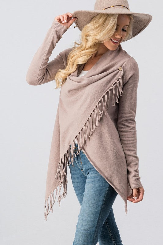 Cowl neck overlap long sleeve fringe cardigan