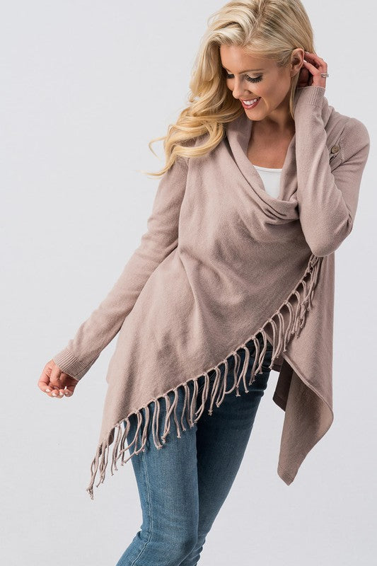 Cowl neck overlap long sleeve fringe cardigan