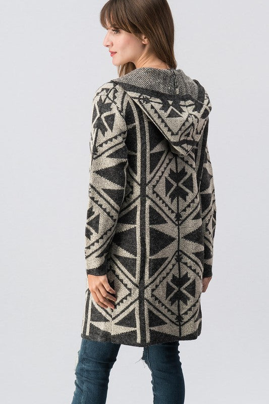 Geometric Patterned Hooded open cardigan