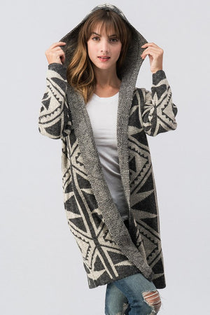 Geometric Patterned Hooded open cardigan