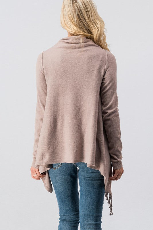 Cowl neck overlap long sleeve fringe cardigan