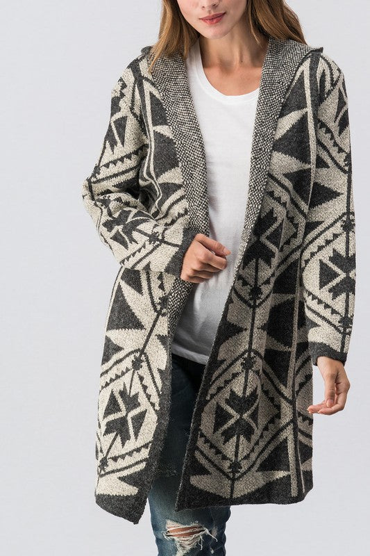 Geometric Patterned Hooded open cardigan