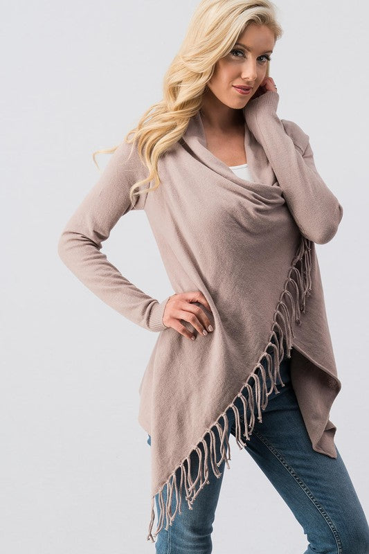 Cowl neck overlap long sleeve fringe cardigan