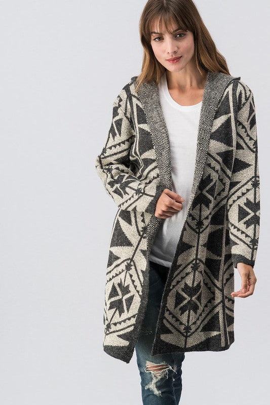 Geometric Patterned Hooded open cardigan