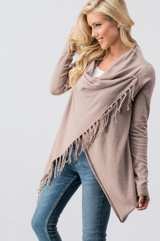 Cowl neck overlap long sleeve fringe cardigan