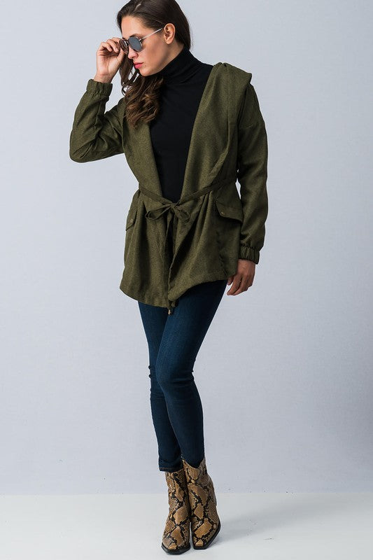 Cargo jacket with adjustable waist tie