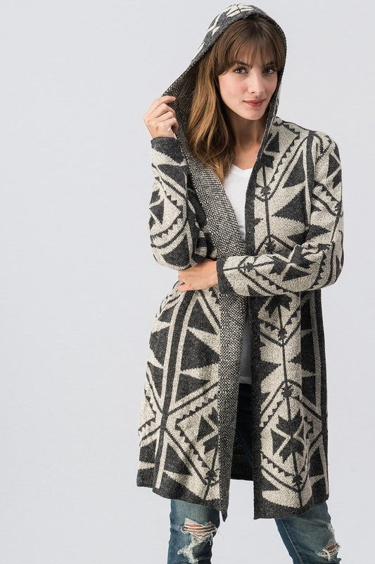 Geometric Patterned Hooded open cardigan