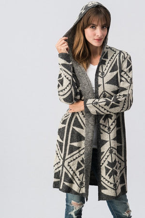 Geometric Patterned Hooded open cardigan