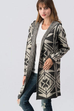 Geometric Patterned Hooded open cardigan