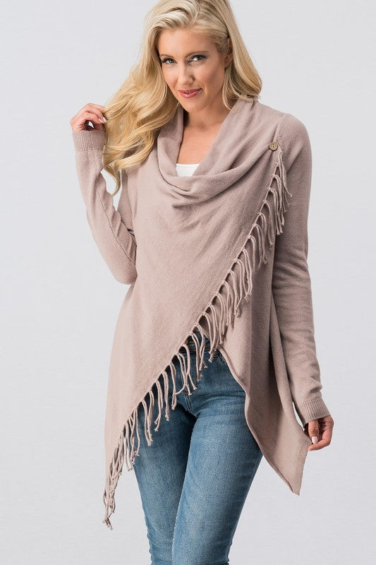 Cowl neck overlap long sleeve fringe cardigan