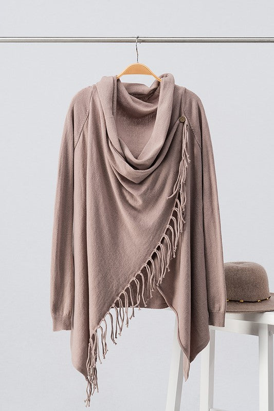 Cowl neck overlap long sleeve fringe cardigan