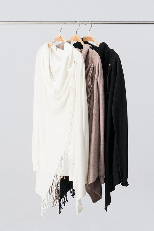 Cowl neck overlap long sleeve fringe cardigan
