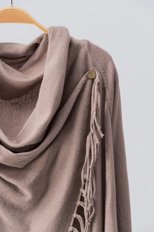 Cowl neck overlap long sleeve fringe cardigan