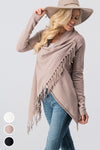 Cowl neck overlap long sleeve fringe cardigan