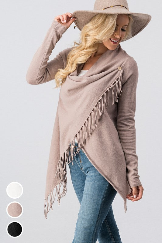 Cowl neck overlap long sleeve fringe cardigan