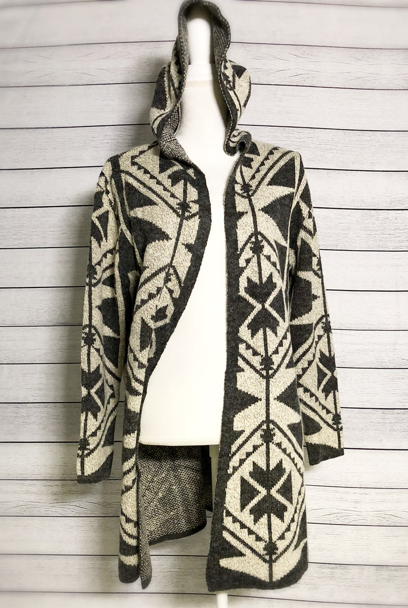 Geometric Patterned Hooded open cardigan