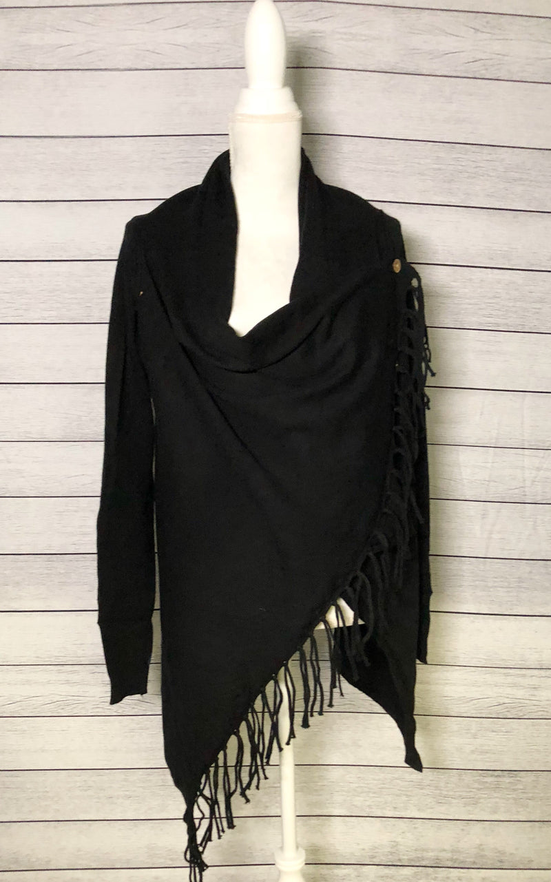 Cowl neck overlap long sleeve fringe cardigan