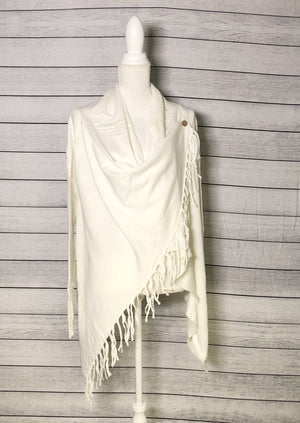 Cowl neck overlap long sleeve fringe cardigan