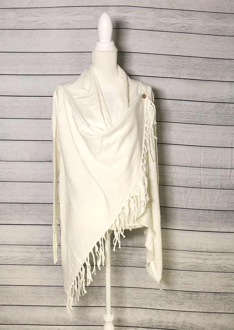 Cowl neck overlap long sleeve fringe cardigan